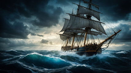 Atmospheric composition depicting a large sailing ship navigating through a turbulent sea