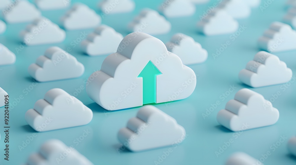 Poster cloud computing technology concept with multiple cloud icons and an upload arrow on a light blue bac