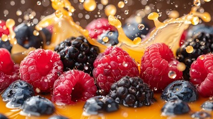 Fresh raspberries, blackberries, and blueberries splashing in orange juice on a wooden surface