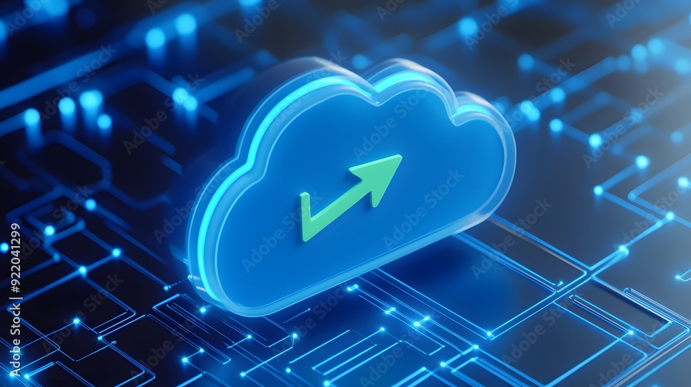 Poster cloud computing technology image with digital network, featuring a glowing cloud icon and an upward 