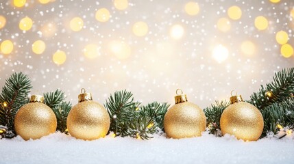 Golden christmas balls resting on snow with sparkling lights background