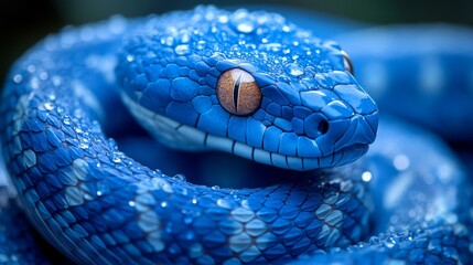 Blue viper snake posing on a branch with water droplets