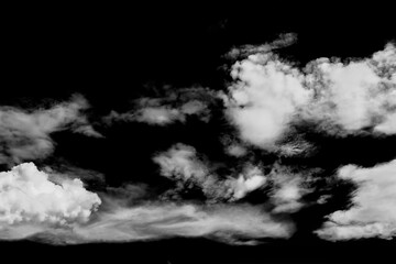 Large white clouds. Cloud isolated on black sky with fluffy white cloudscape texture. Black sky nature background, cloudy, white and black
