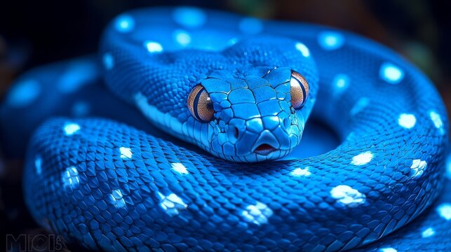 Blue python posing on a branch with its scales gleaming