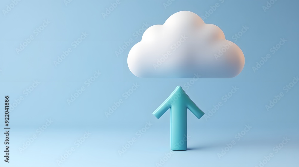 Poster cloud icon with upward arrow on blue background, symbolizing cloud computing, storage, and data uplo