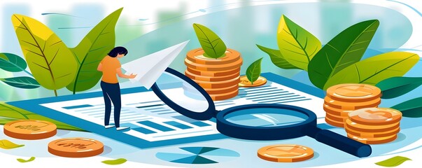 Naklejka premium Businesswoman Analyzing Financial Data with Magnifying Glass and Coins.