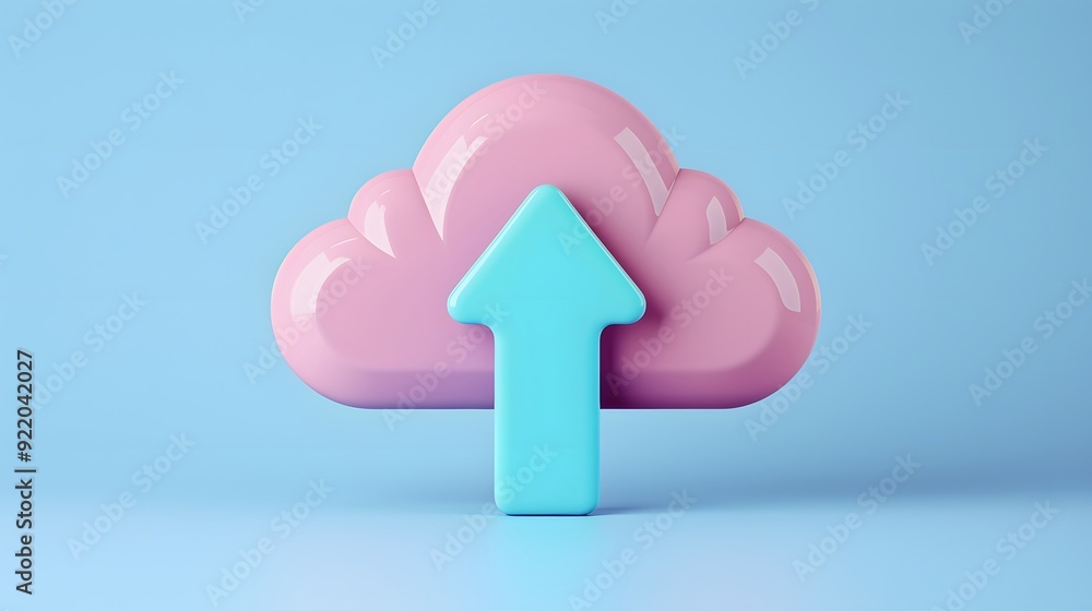 Poster cloud storage concept symbol with an upward arrow in a pink cloud against a blue background. ideal f