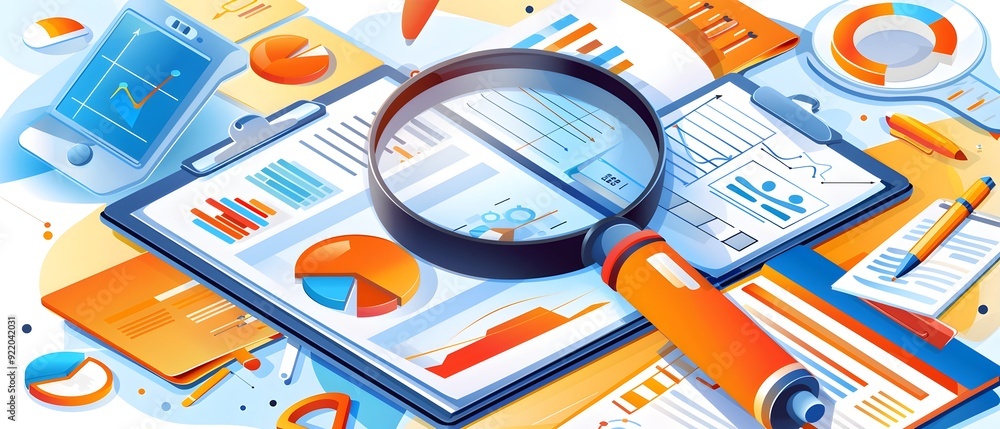 Poster data analysis with magnifying glass and charts.