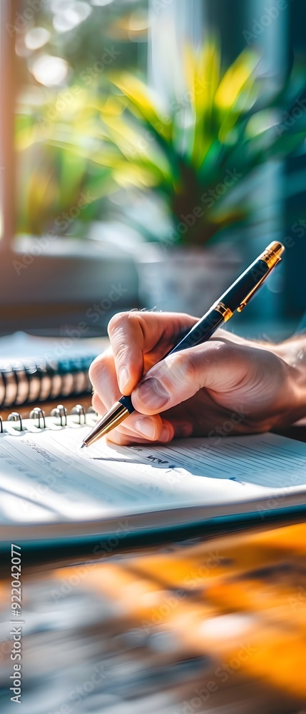 Poster Writing in a Notebook with a Gold Pen.