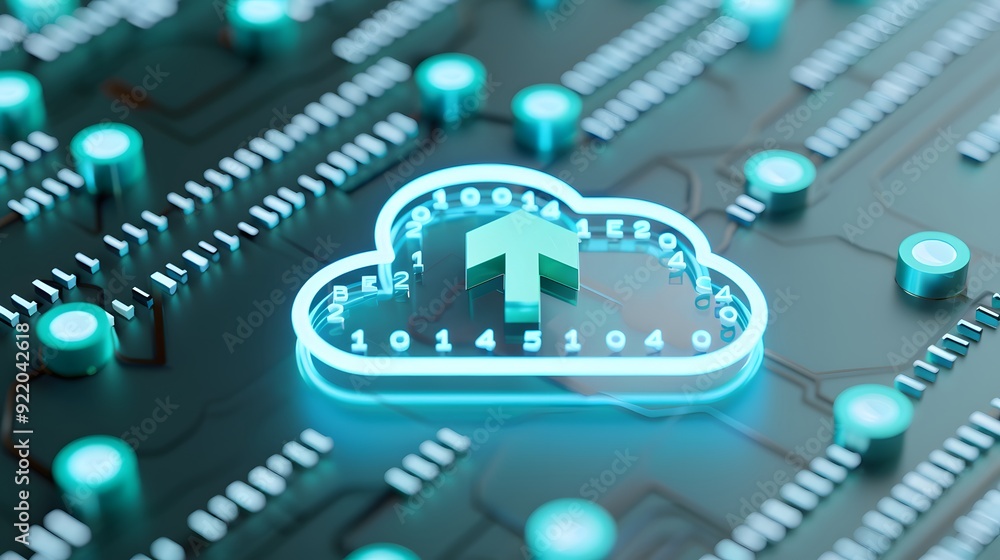 Poster cloud technology concept with glowing digital symbols and circuit board background, representing dat