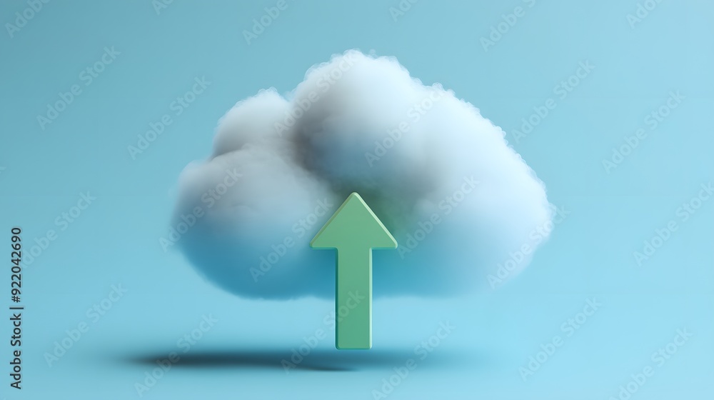 Poster cloud upload concept image with a green arrow pointing upwards against a light blue background, symb