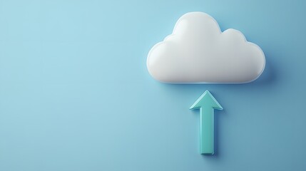 Cloud upload concept with a blue arrow pointing towards a white cloud on a blue background, representing data storage and online services.