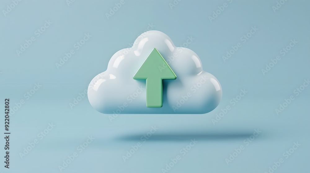 Poster cloud upload concept with a green arrow symbol on a white cloud icon, set against a soft blue backgr