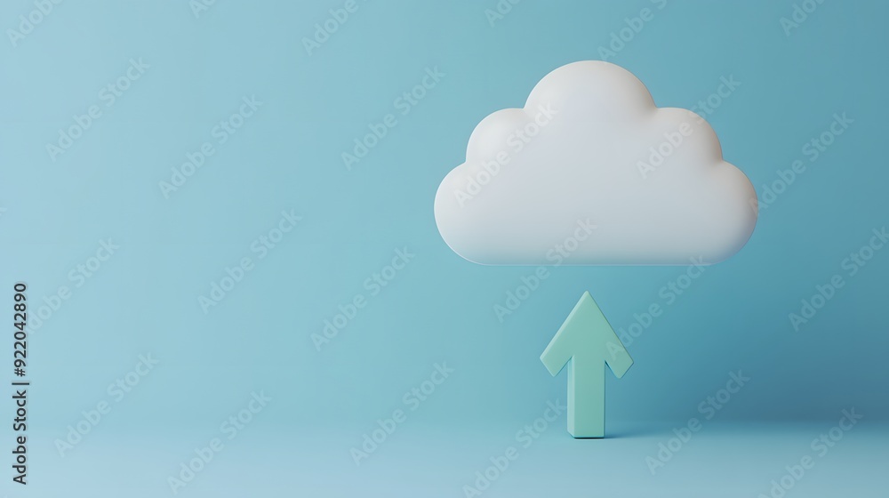 Aufkleber cloud upload concept with arrow pointing to a cloud on pastel blue background, digital data storage 