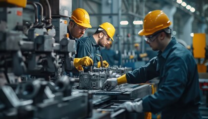 Workers assembling machinery in a factory during daytime