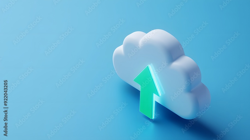 Poster cloud with green arrow pointing upwards on blue background symbolizing cloud computing, data storage