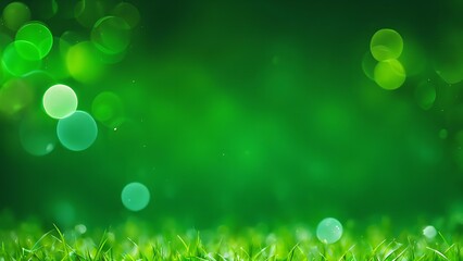 Obraz premium Close-up of green grass with abstract bokeh lights in the blur background. Fresh spring or summer nature scene with vibrant greenery. Macro shot with copy space