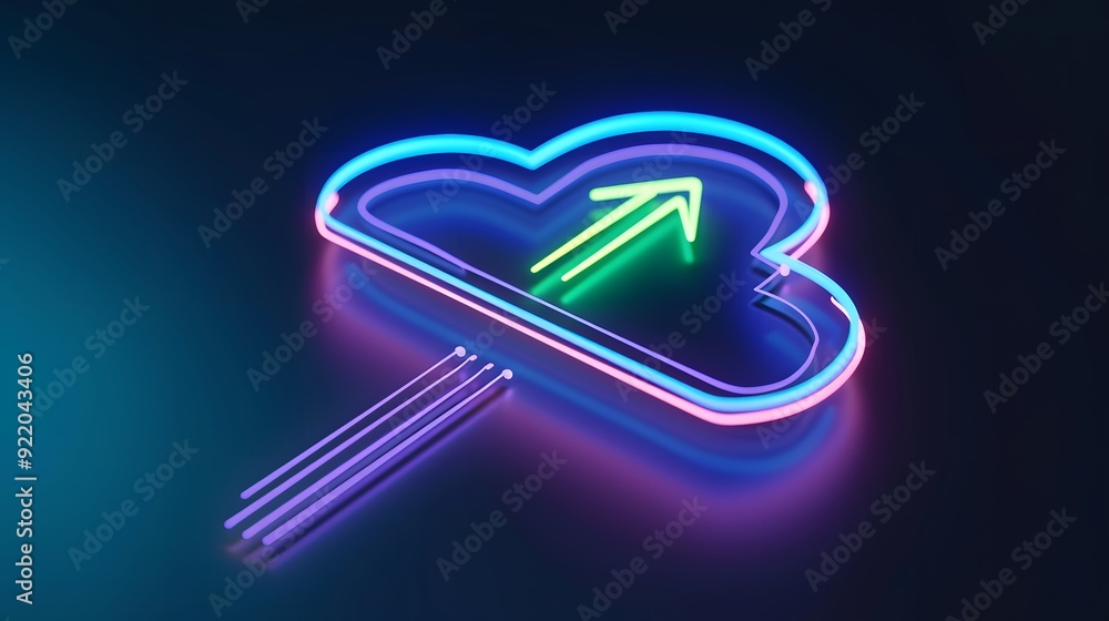 Poster colorful neon cloud shape with an upward arrow, representing cloud storage or data uploading on a da