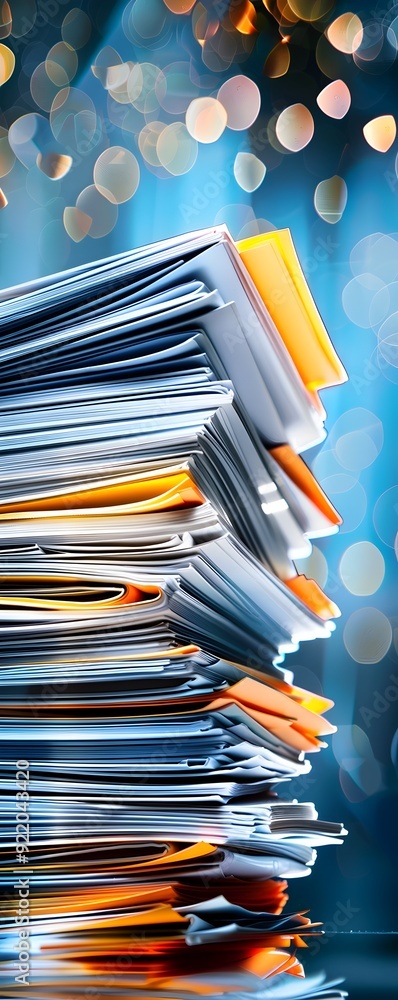 Aufkleber stack of papers with bokeh background.
