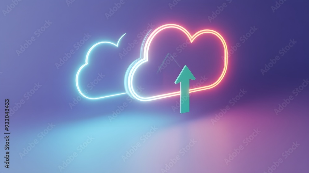 Aufkleber colorful neon cloud storage icons with upload arrow symbol, representing cloud computing and data st
