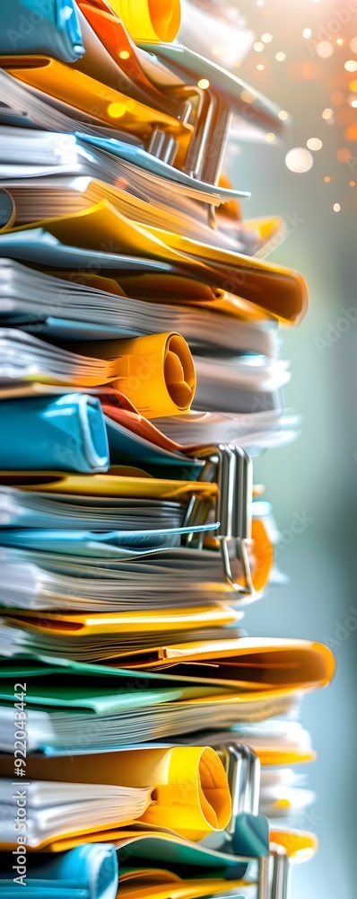 Aufkleber stack of papers and folders with bokeh background.