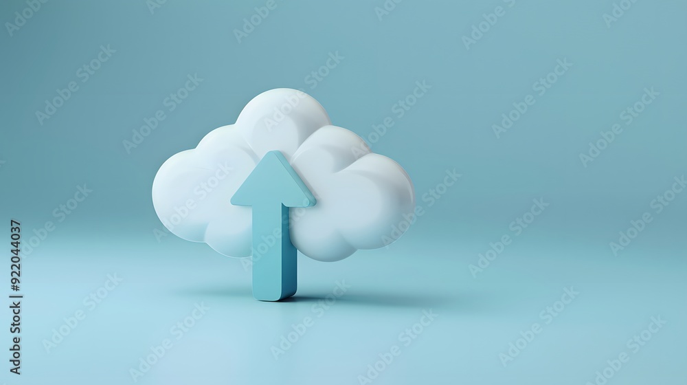 Poster Conceptual image of cloud storage with an up arrow symbolizing data upload and technology on a blue background.