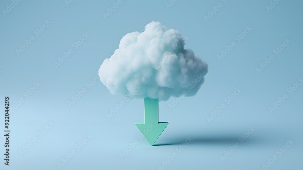 Poster creative concept of cloud computing and data download with a cloud and downward arrow on a light blu