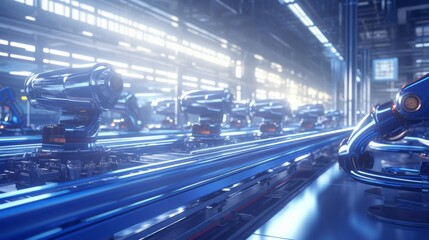 White Robot Arms on Automated EV Battery Components Production Line. Neural network ai generated art