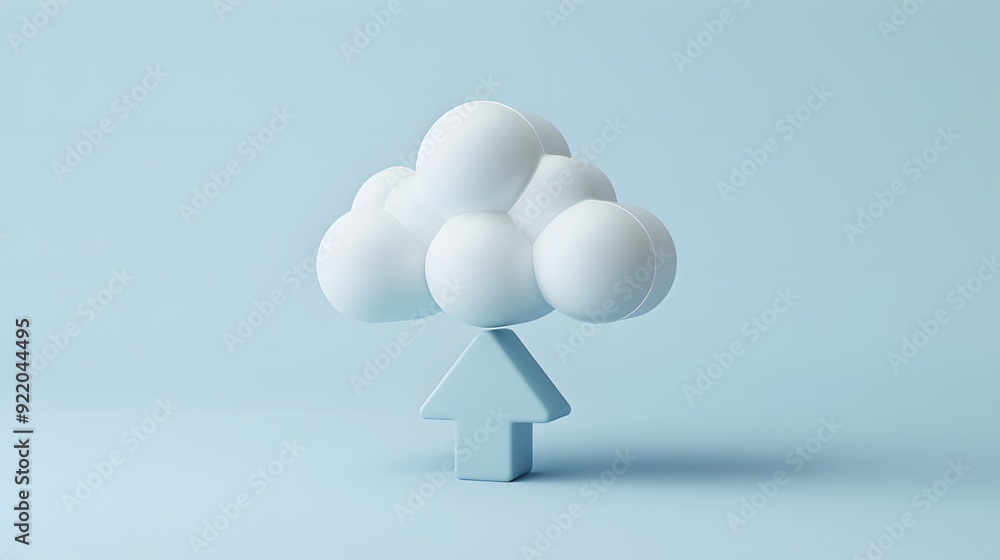 Poster creative representation of cloud computing with a cloud-shaped icon and arrow on a light blue backgr