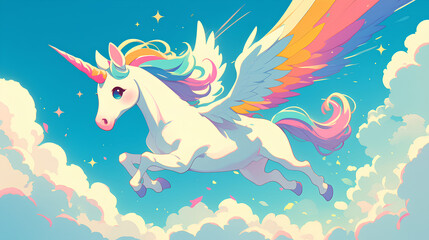 cute unicorn colorful with blue sky background