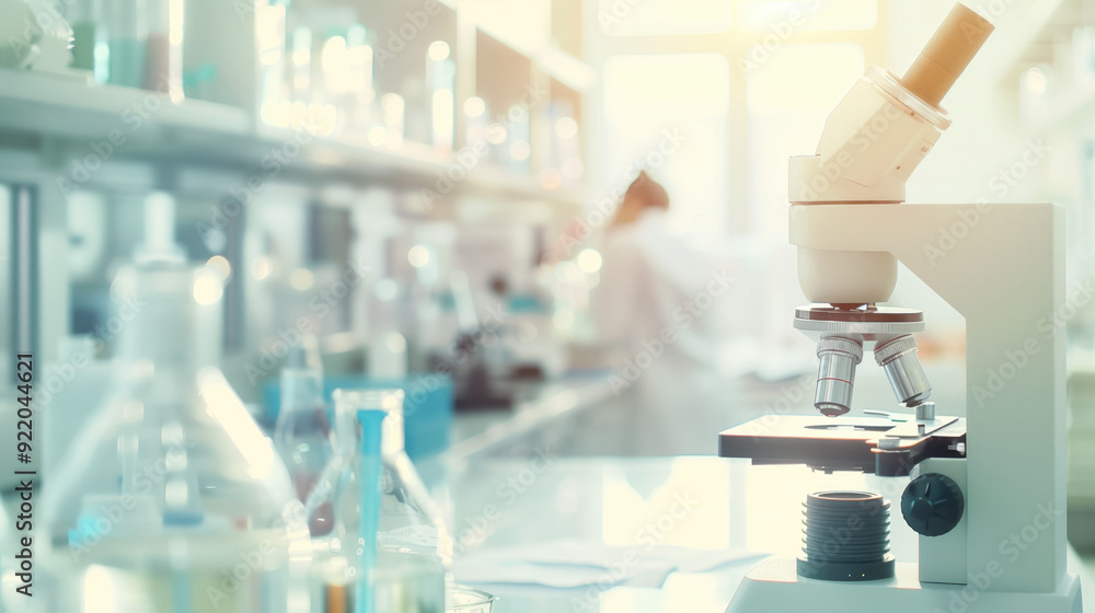 Poster advanced microscope and scientific glassware in bright laboratory setting with scientist in backgrou