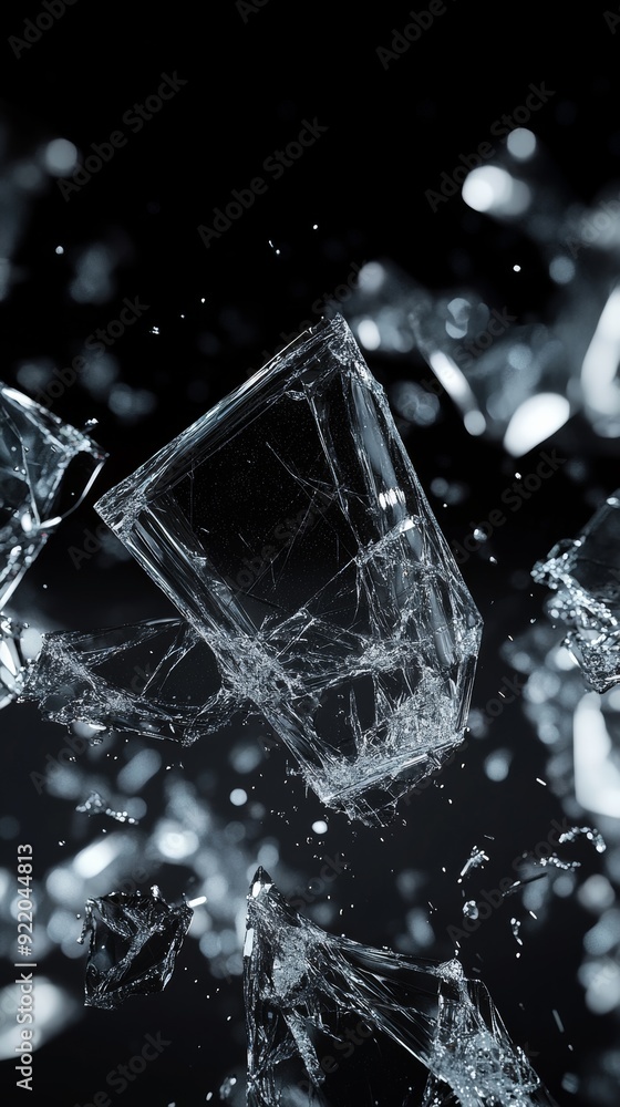 Poster shattered glass on black background exploding in slow motion