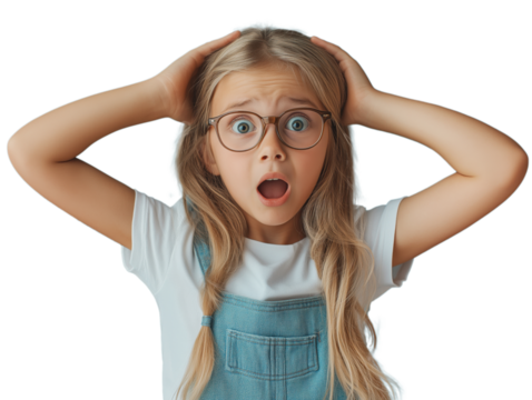 A young girl with her hands on her head and glasses on her face - Powered by Adobe
