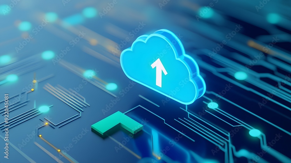 Poster digital cloud computing concept with blue glowing cloud icon and circuit board background representi