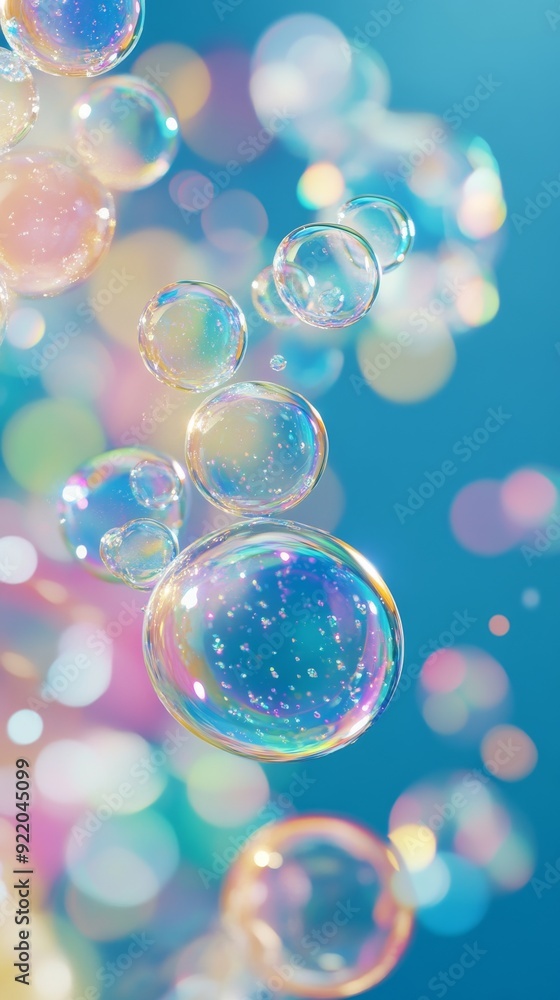 Poster soap bubbles floating in front of blue background with rainbow colors