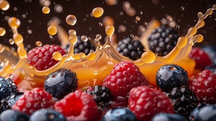 Fresh raspberries and blueberries create a splash in honey at a close-up setting