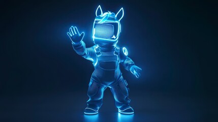 Fototapeta premium A futuristic character in a glowing suit with a helmet, waving in a digital environment.