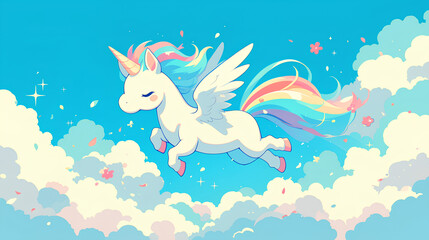 cute unicorn colorful with blue sky background
