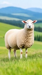 Fototapeta premium A serene sheep stands gracefully on a lush grassy hill, embraced by vibrant greenery and distant blurred trees