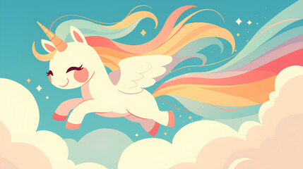 Obraz premium cute unicorn colorful with blue sky background