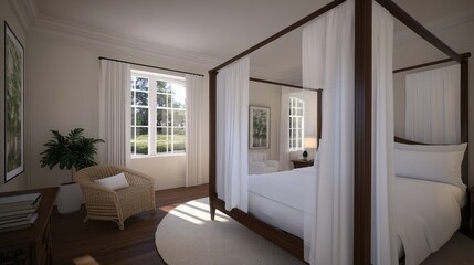 A minimalist Scandinavian bedroom showcasing a white bed with a canopy, surrounded by plants and bathed in soft natural light