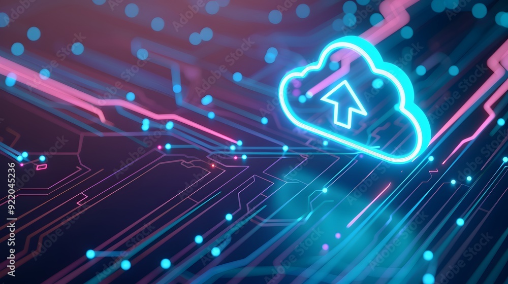 Poster digital cloud computing concept with futuristic neon colors and technology circuits, representing da