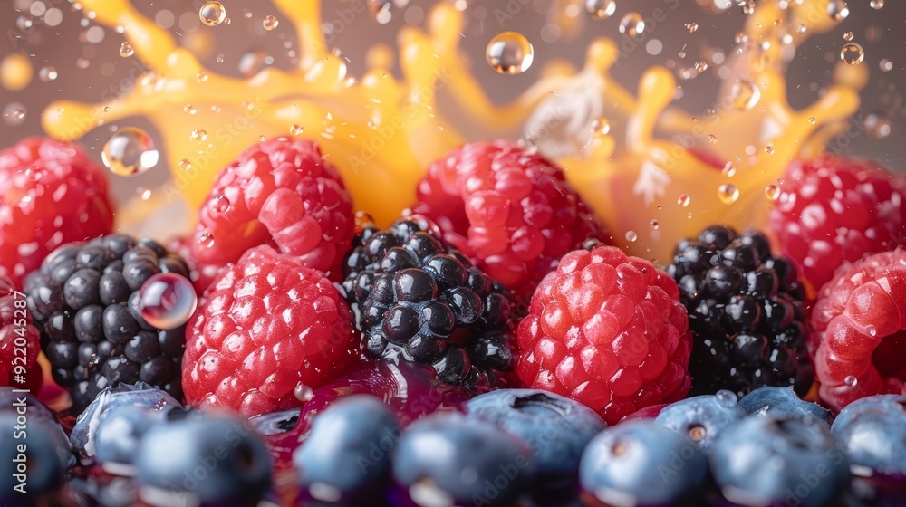 Poster fresh berries splashed with orange juice creating a vibrant scene on a wooden background