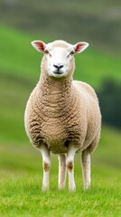 Fototapeta premium A charming sheep gazes curiously from a lush grassy hill under a vibrant green backdrop, inviting a serene connection with nature