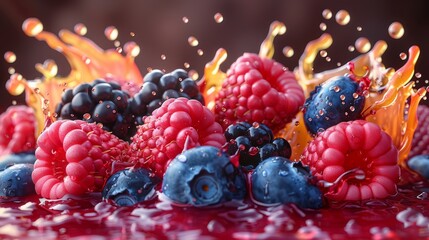 Fresh berries splashing in vibrant liquid on a dark background