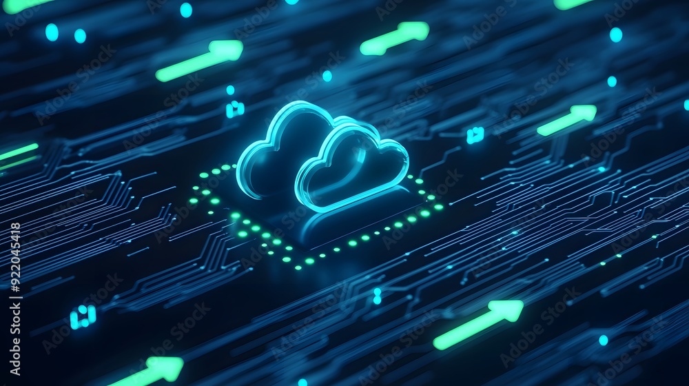 Poster digital cloud computing concept with neon icons and futuristic tech symbols for data storage, networ