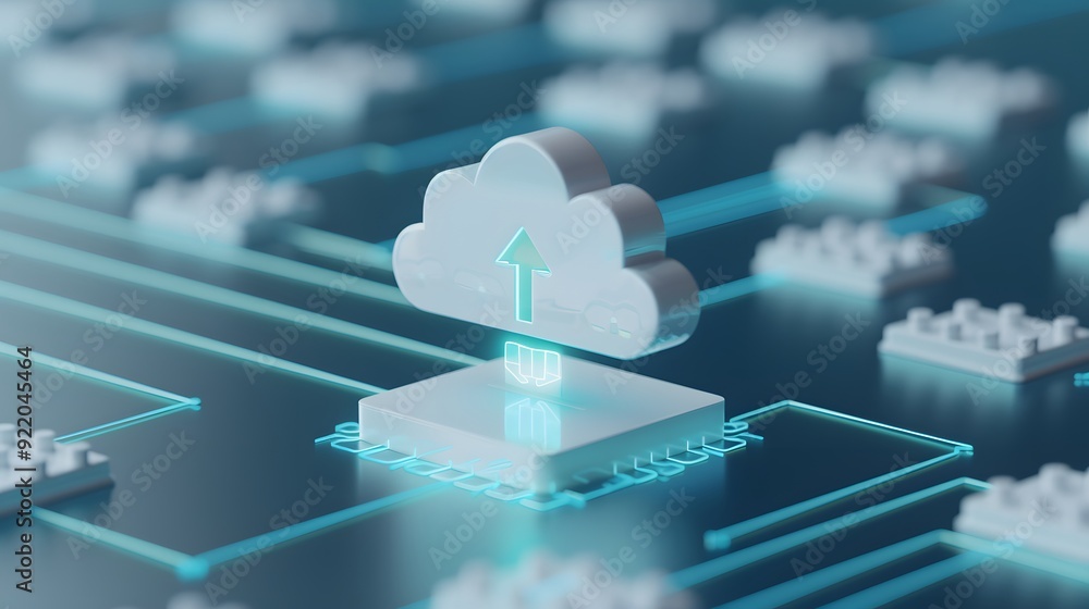 Poster digital cloud computing concept with network connections and data transfer, symbolizing online stora