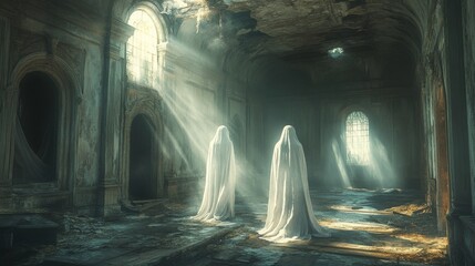 Two ghosts standing in a ruined church with sun rays