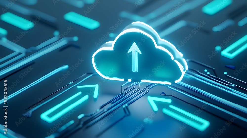 Poster Digital cloud computing technology with an upload arrow sign. Modern data storage, transfer, and online networking concept illustration.