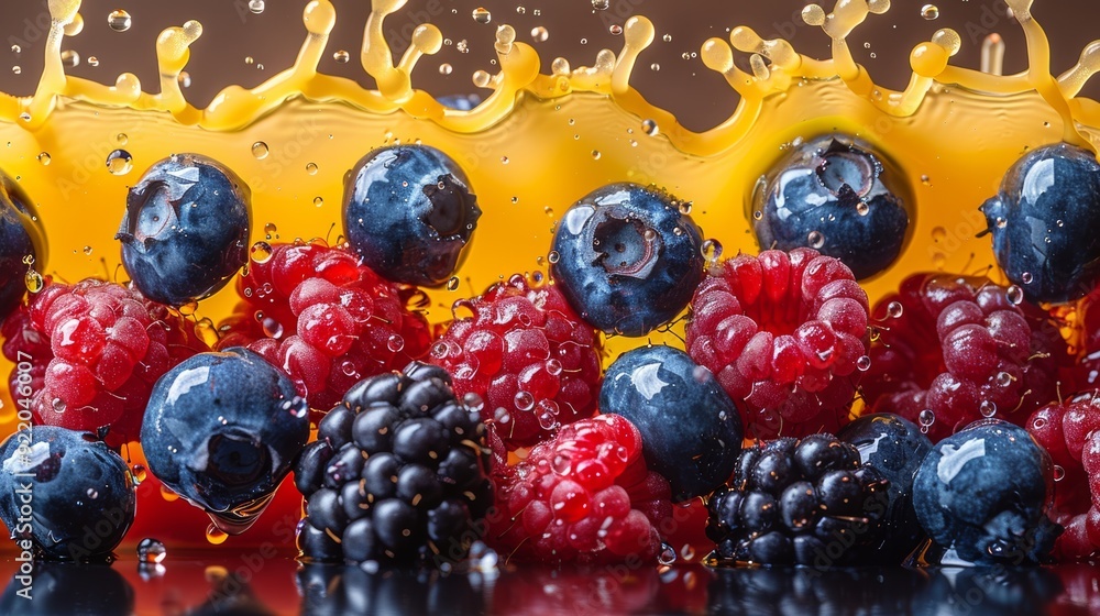 Poster fresh berries splashing in citrus juice with droplets on a reflective surface